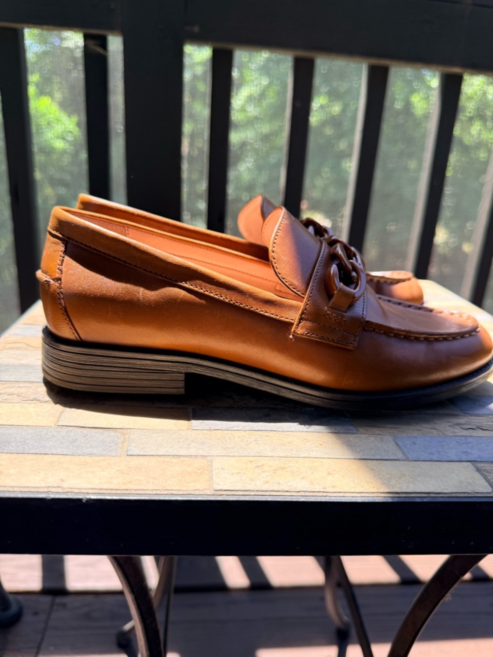 Cole Haan Cognac Leather Slip-On Loafers with Chain Accent